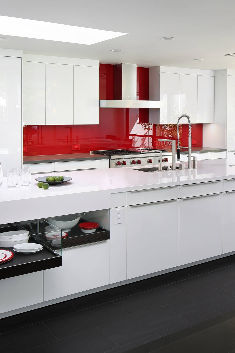 Red Glass Tiles White Glossy Cabinets Quartz Countertops Glass Tile Dark Floor
