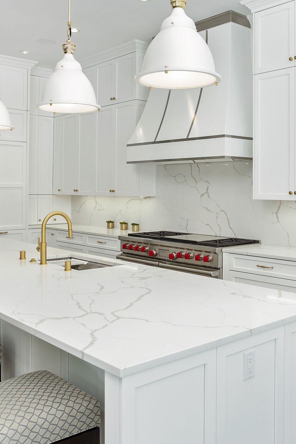 White Cabinets Brass Hardware Modern Quartz Counters