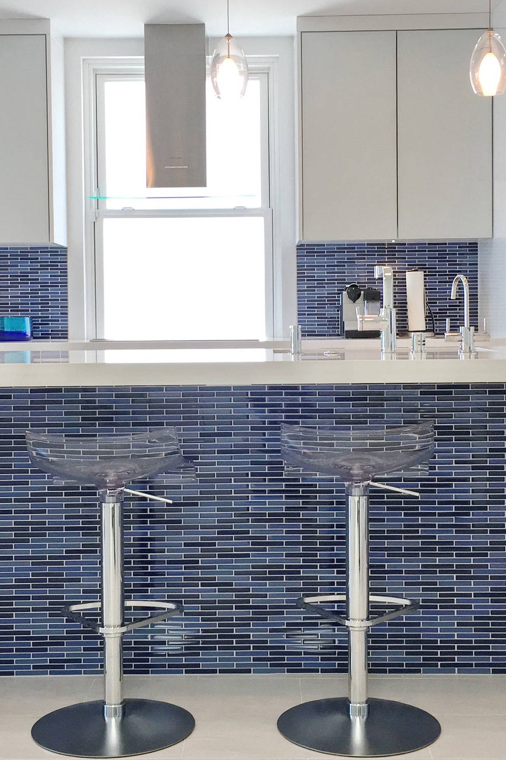 Blue Mosaic Tiles Marble Backsplash White Cabinets Glass Style Room Floor Space