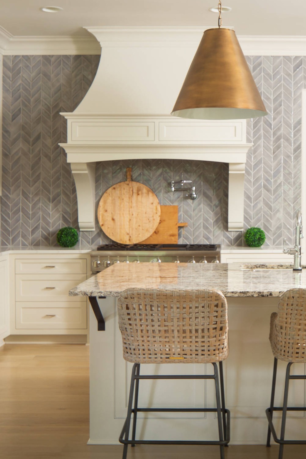 Gray Backsplash Tiles Kitchen With White Cabinets Herringbone Design Space Pattern Range Sink Modern Countertop