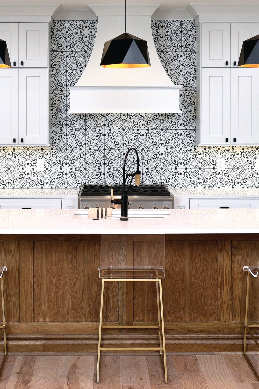 Gray Pattern Kitchen Backsplash White Cabinets Marble Countertops Modern Wood Space Style
