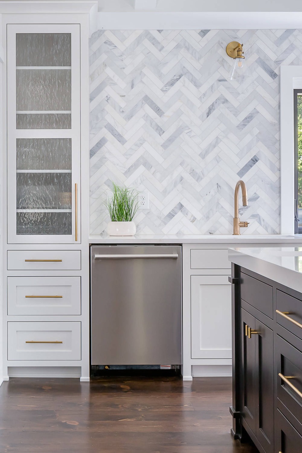 Grey Tile Backsplash White Kitchen Elegant Herringbone Modern Pattern Sink Dark Modern Features Create Black Color