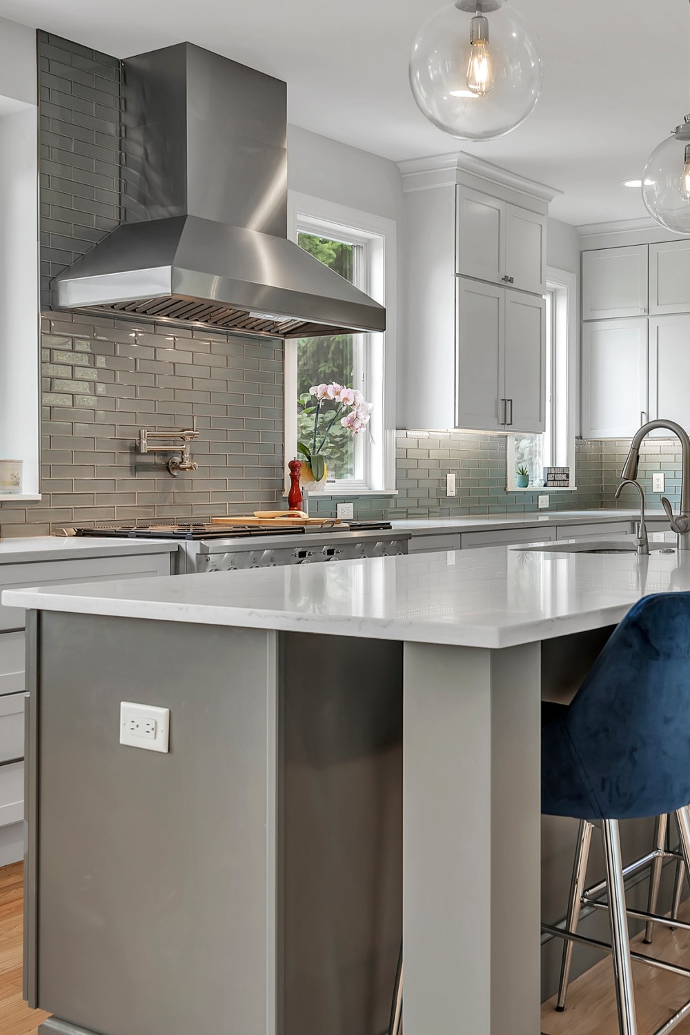 Light Gray Kitchen Marble Countertops White Kitchen Farmhouse Blue Brass Shelves