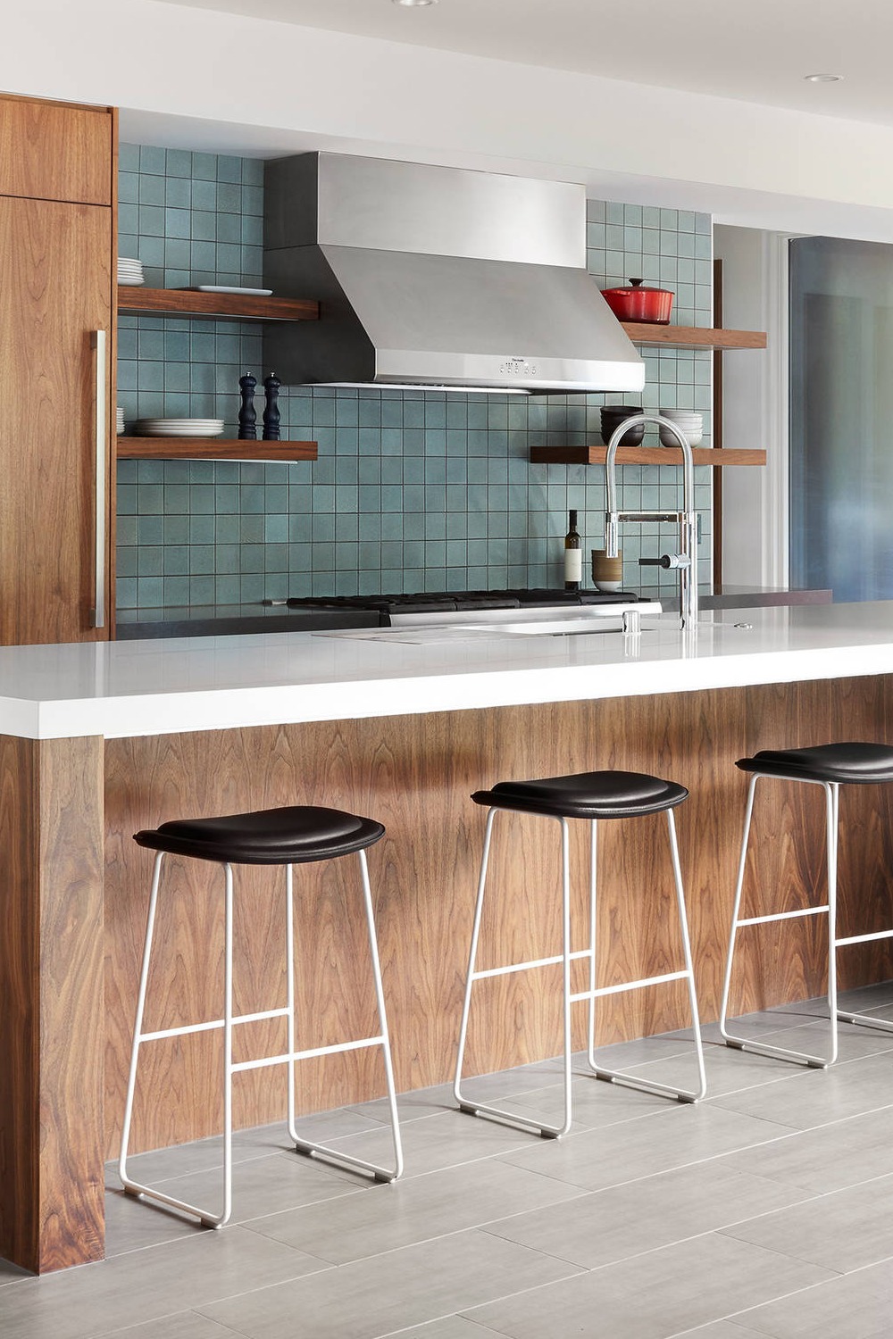 Modern Blue Backsplash Wooden Cabinetry Contrast Range Shelves Design Sleek Classic Interior