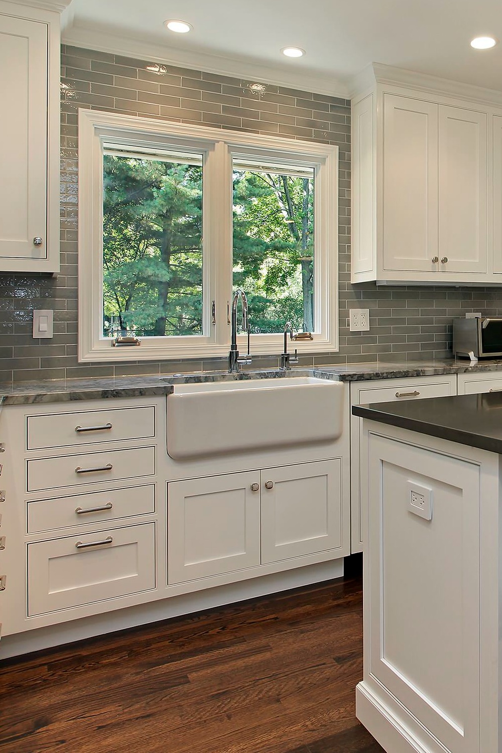 Shaker Cabinets Kitchen Backsplash Tile Gray Backsplash Marble Countertop Space Wood Tiles