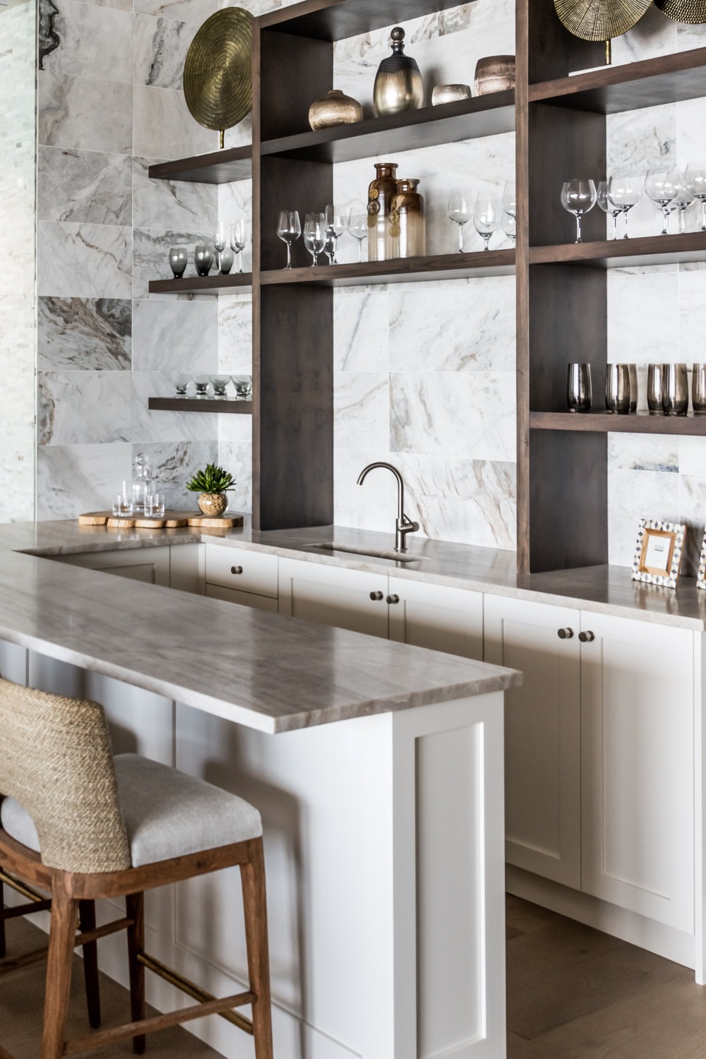 Sleek White Kitchen Stone Tile Backsplash Modern Cabinets Lights Contrast Dark Design