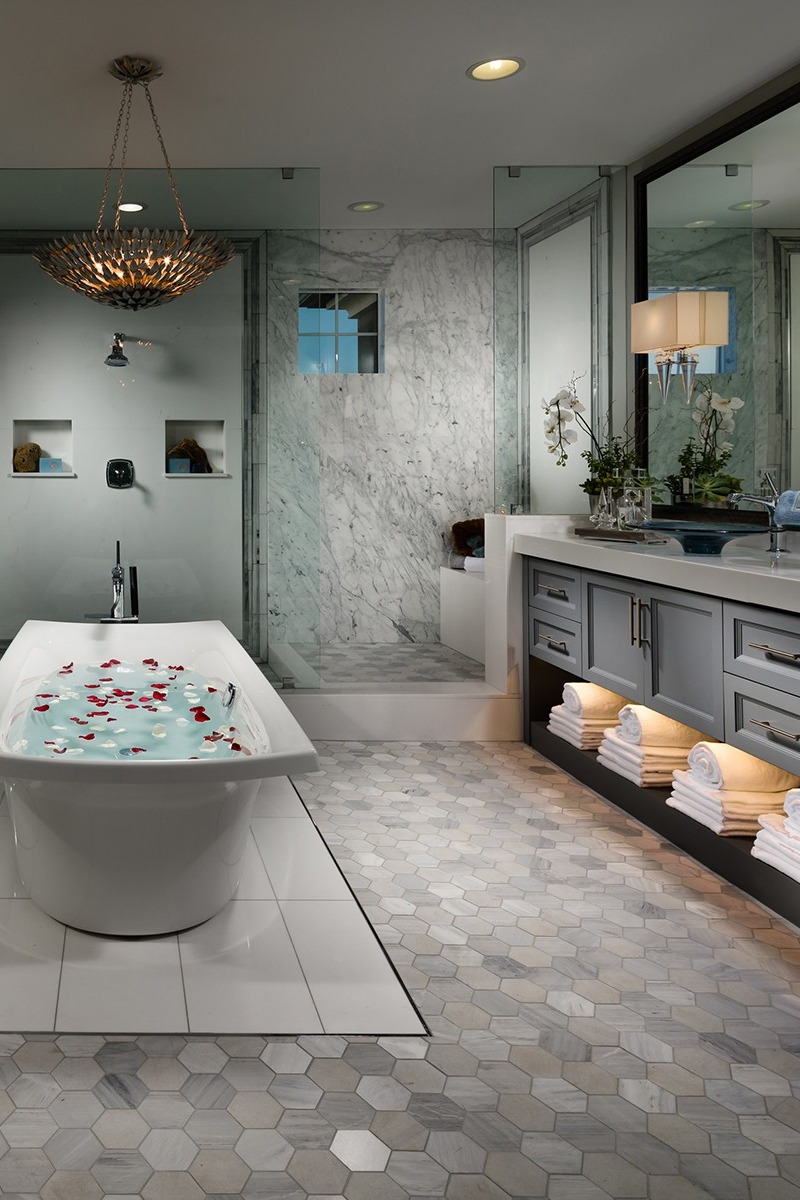 Space Bathroom Design Concrete Bathtub Contemporary Countertops Black Gray Tile Wall Marble Floor Wood Shower Vanity