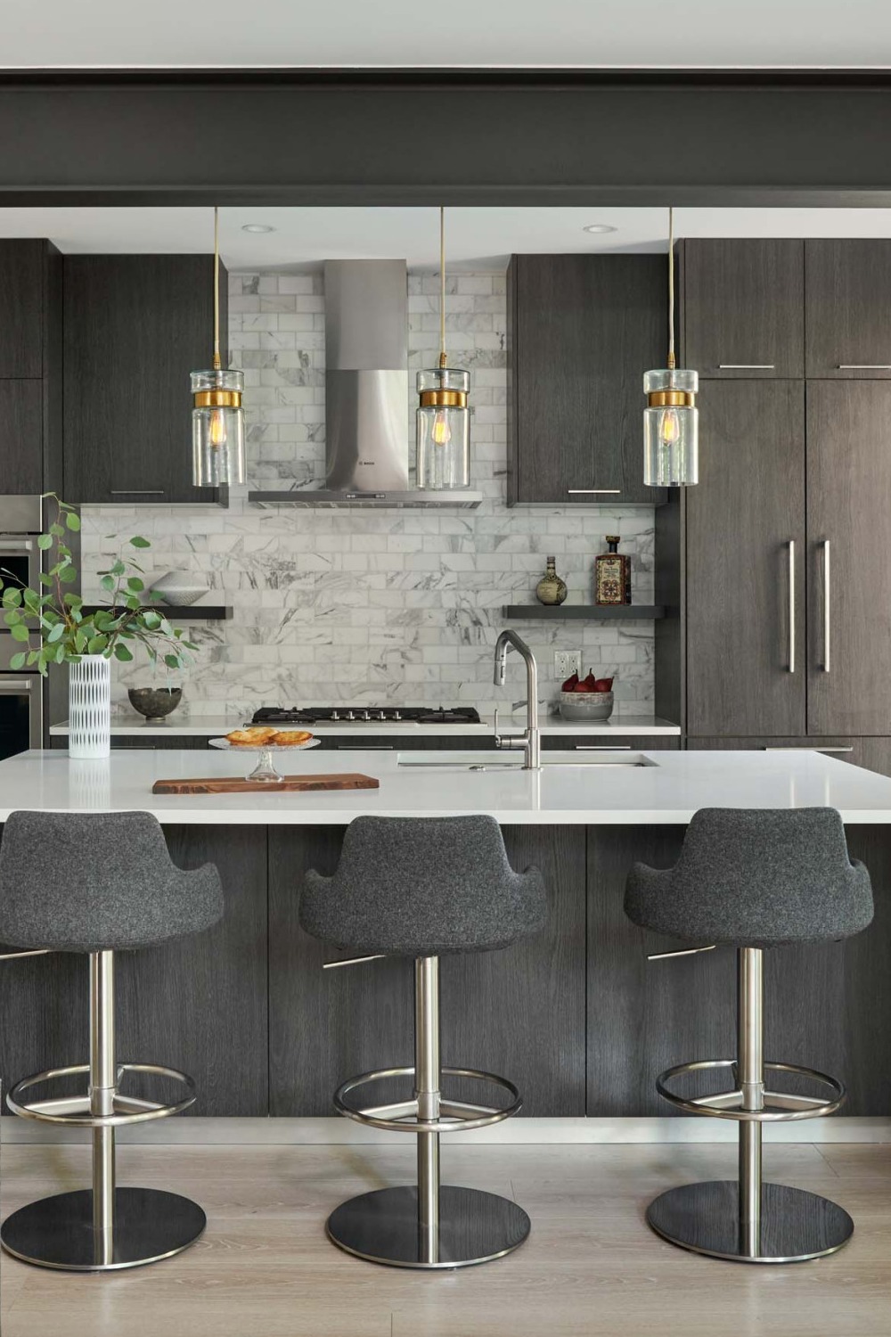 Contemporary Warm Gray Kitchen Cabinets With White Marble Countertops Gray Colors Cabinet Grey Modern Kitchen Design