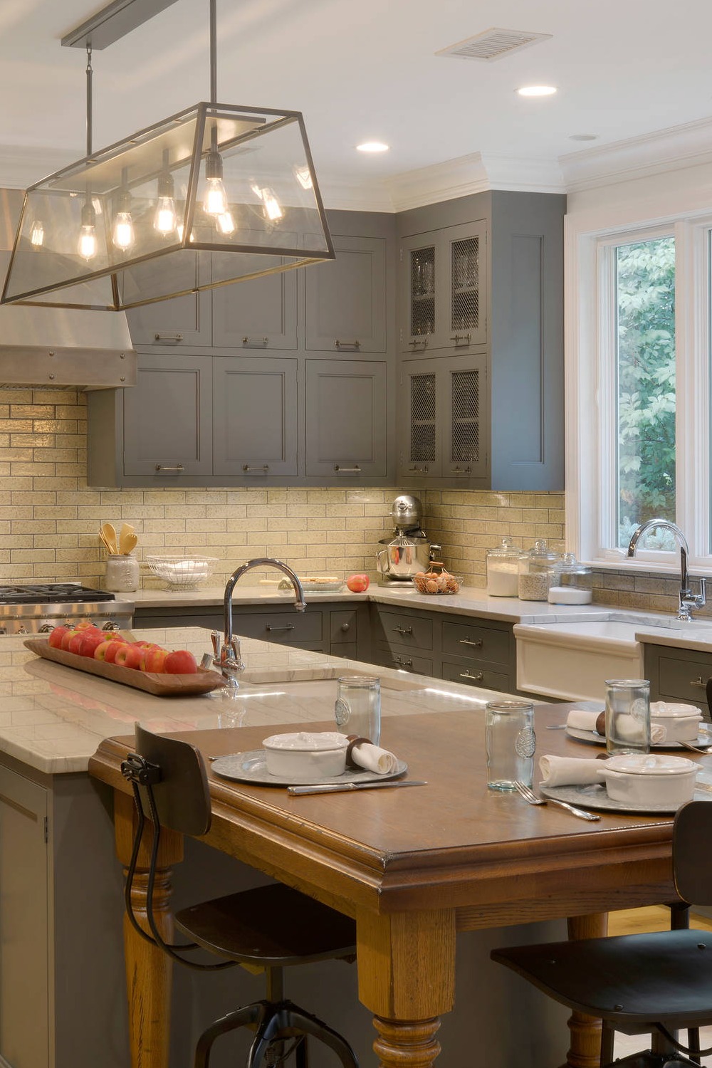 Dark Gray Kitchen Cabinets White Subway Tile Backsplash Wood Floors Warm Gray Island Farmhouse Kitchen Style