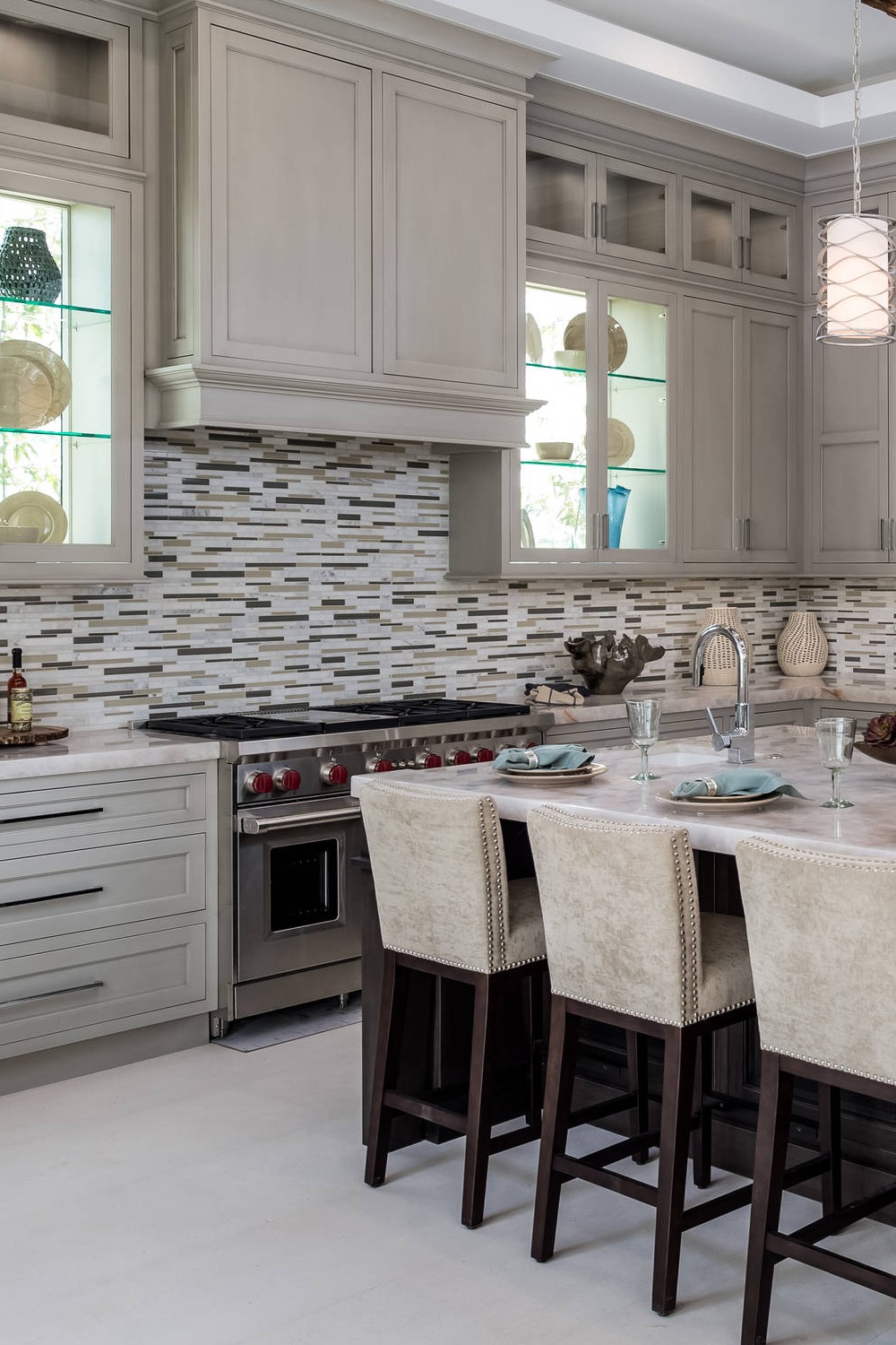 Gray Kitchen Cabinets White Countertops Matchstick Tile Backsplash Grey Island Warm Floors Appliances
