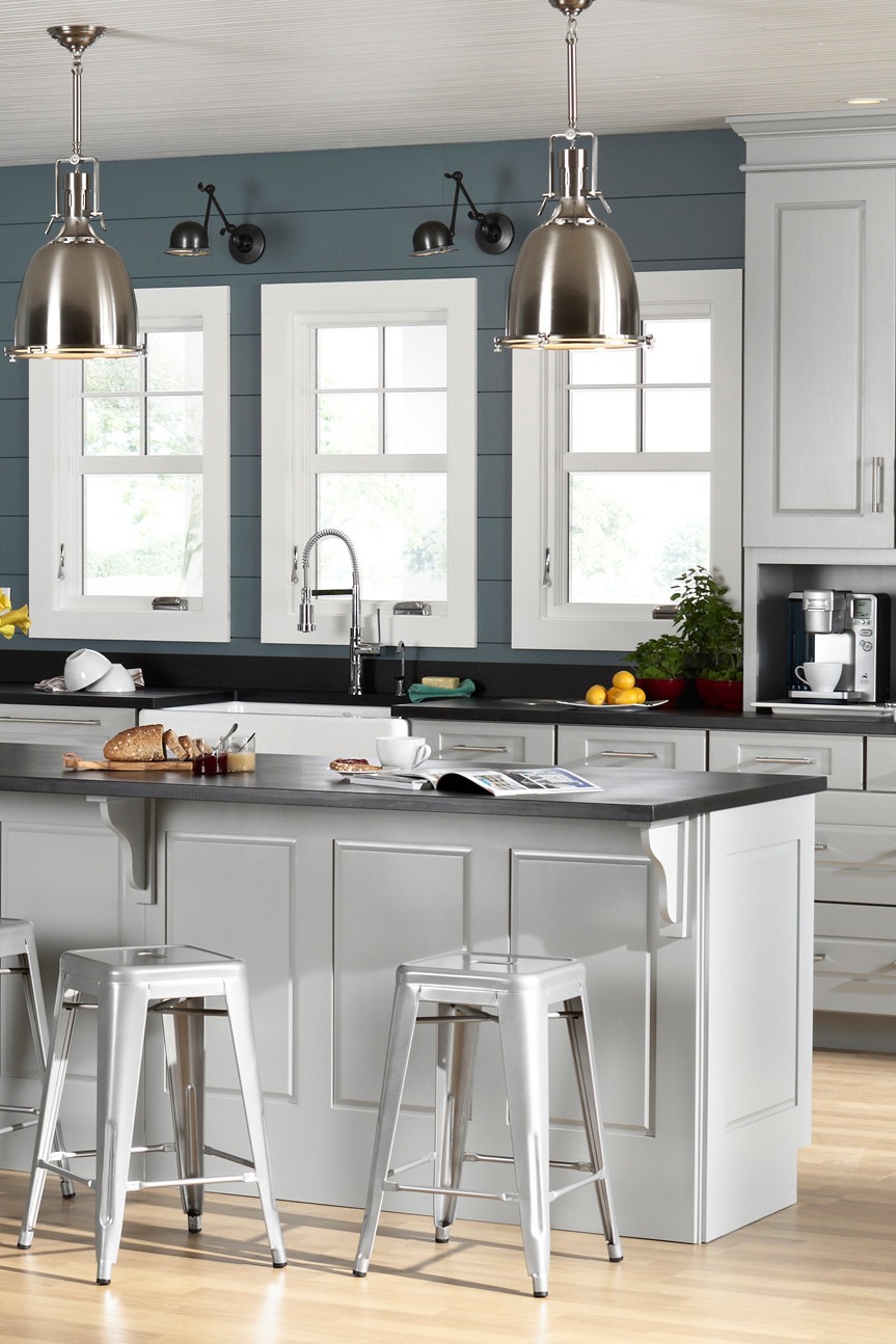 Light Gray Cabinets Wood Board Backsplash Contemporary Kitchen White Countertops Kitchen Island Kitchen Design Create Marble