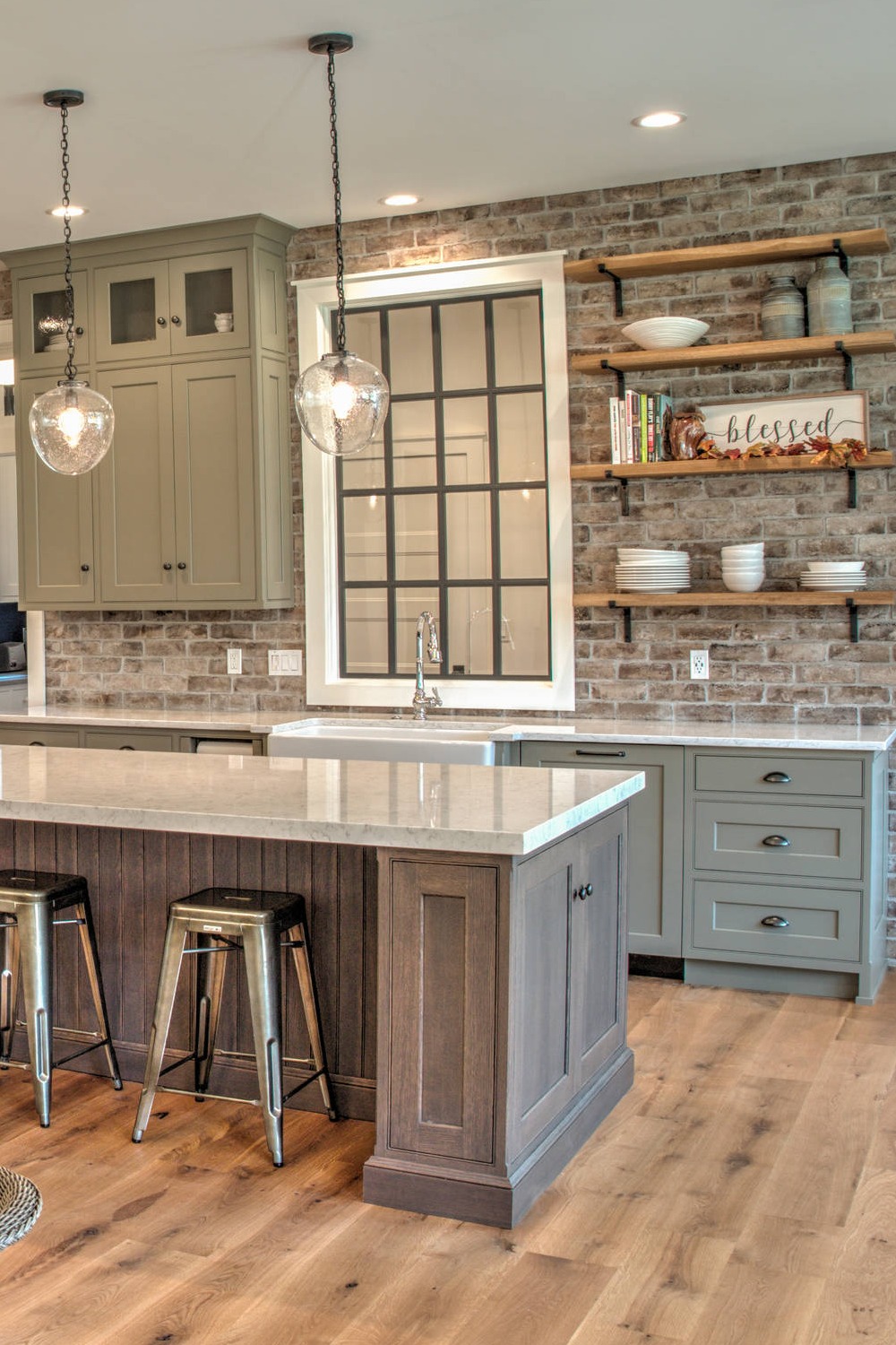 Light Gray Kitchen Cabinets With White Quartz Countertops Modern Base Cabinets Grey Stylish Warm Brass Hardware