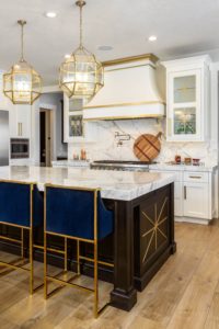 Black And Gold Kitchen Design Full Height Backsplash Gold Accents Wood Floor Miter Edge Countertops