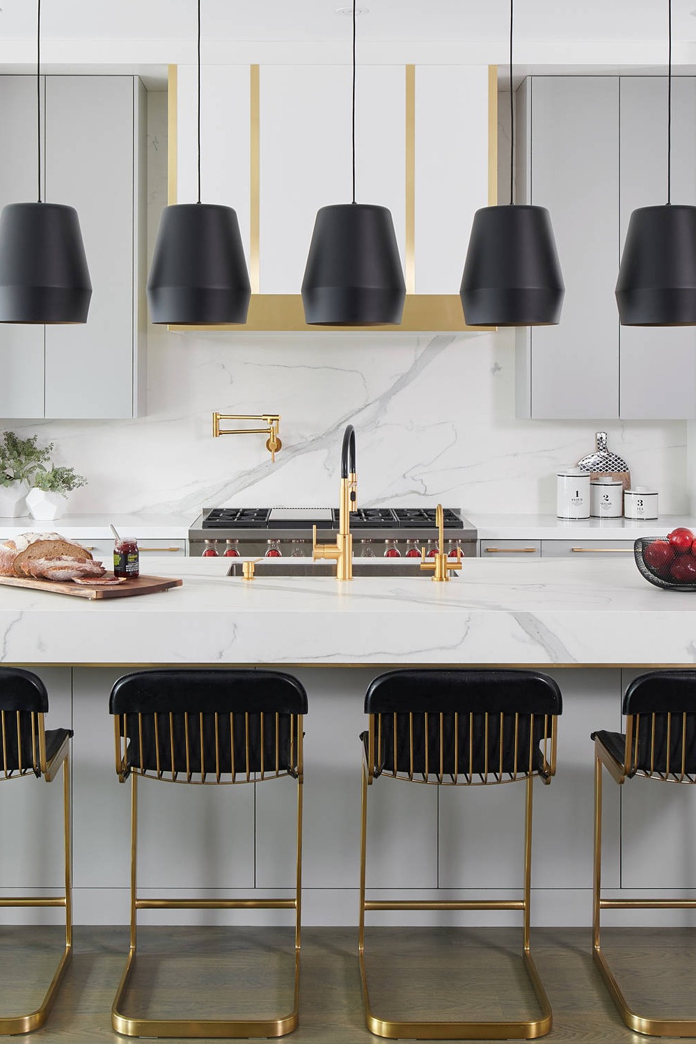 Black Kitchen Cabinets Island Ideas Full Height Backsplash Gold Hardware Space Room Use