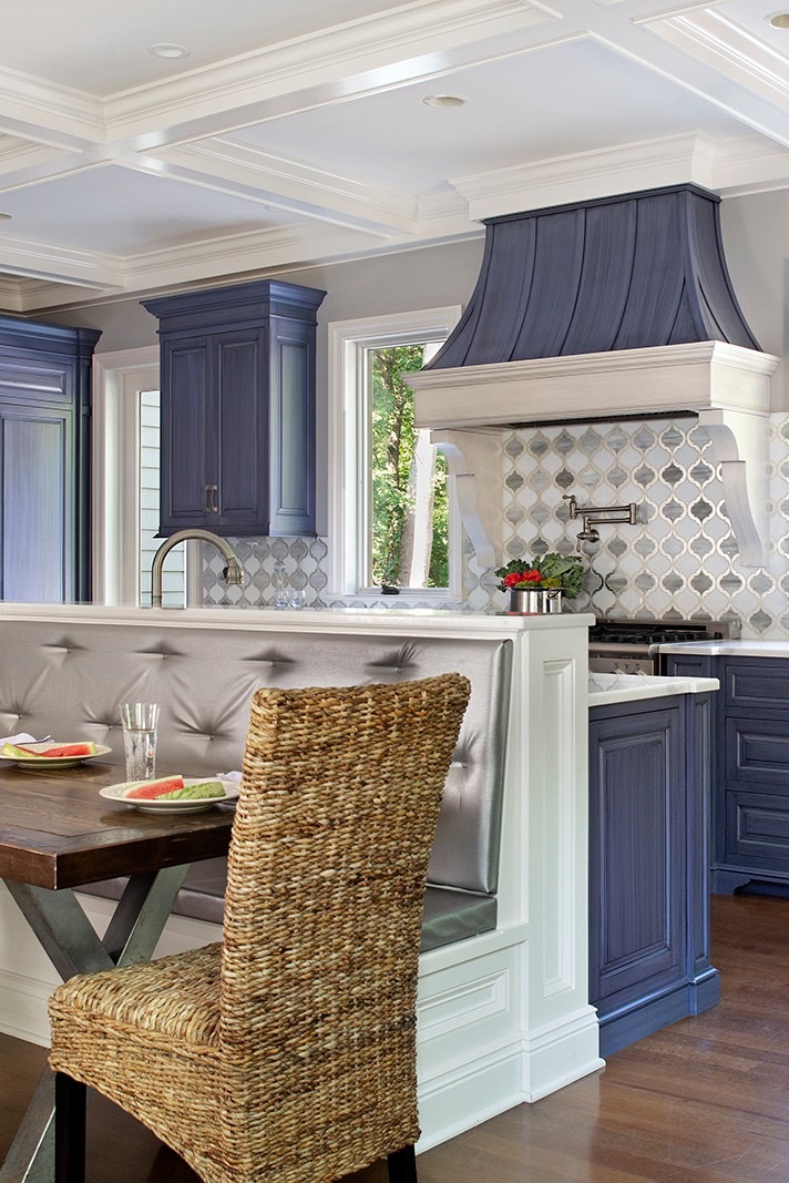 Eclectic Kitchen Arabesque Tile Backsplash Blue Cabinets Custom Hood Dark Floor Elegant Look