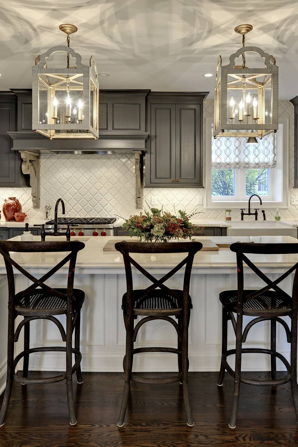 Gray Cabinets White Arabesque Tile Backsplash Pattern Traditional Island Glass Shaped Stone Style Classic Black Color Chairs