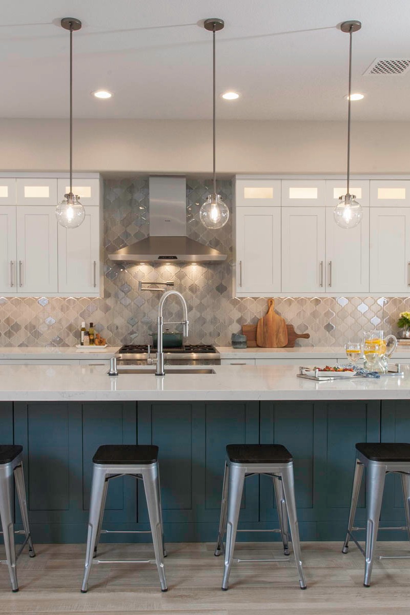 Grey Arabesque Tile Backsplash White Countertops Shaker Cabinets Modern Style Kitchen Appliances Pattern Design