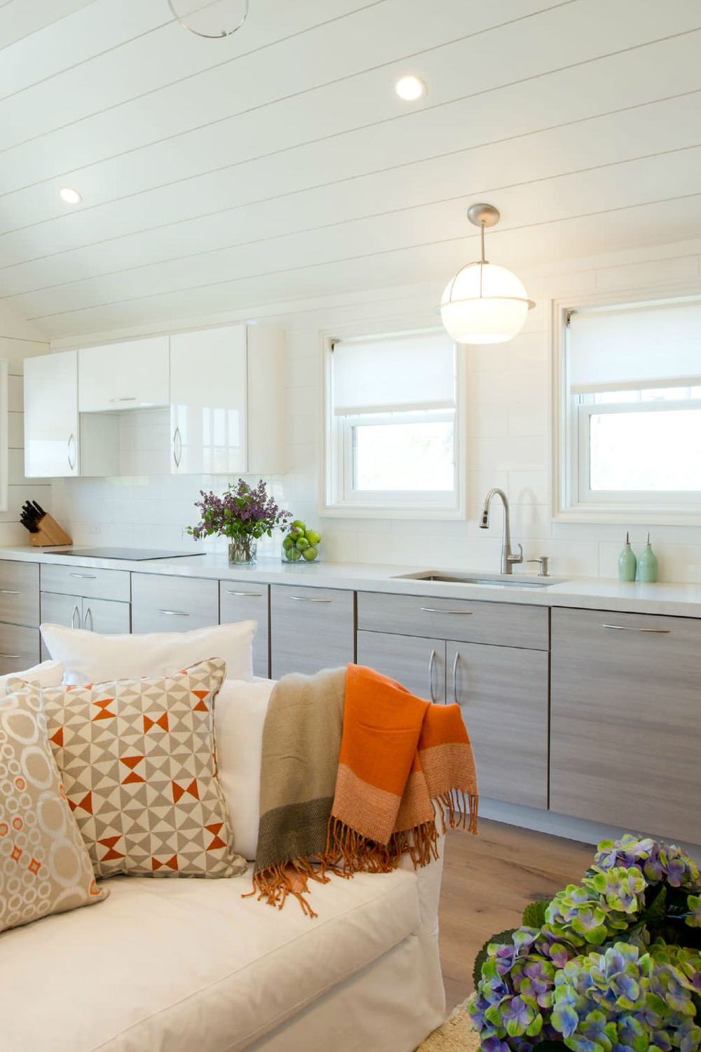 Horizontal Kitchen White Shiplap Backsplash Flat Front Wood Cabinetry Create Paint Planks Bar Counter Sink Room