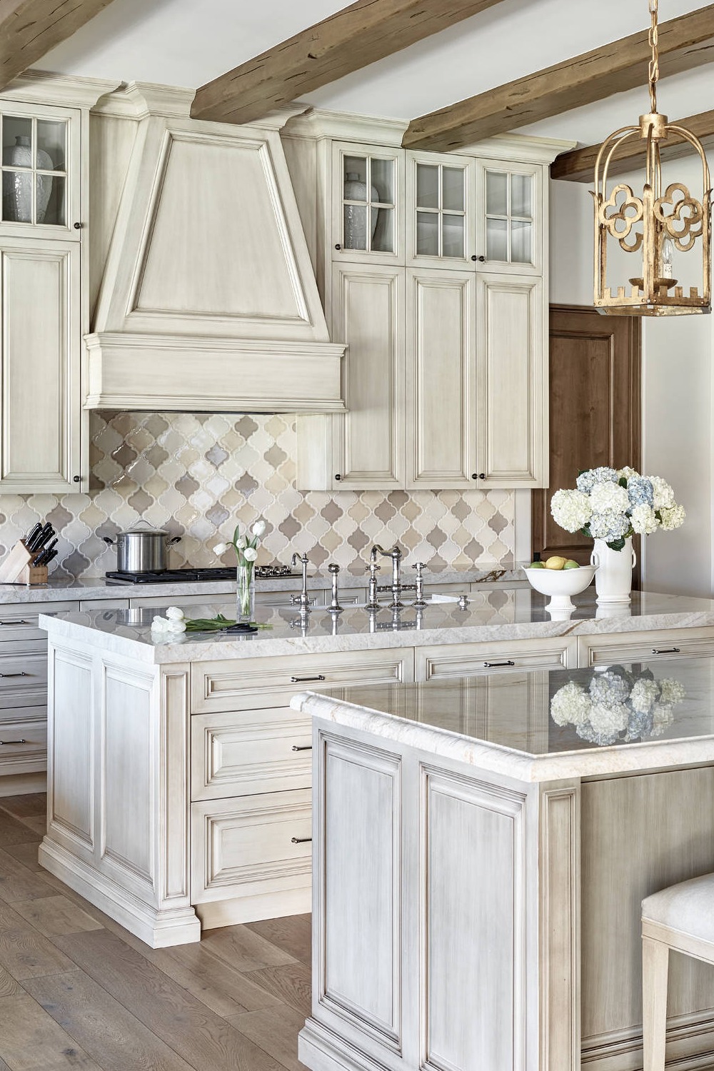 Modern Arabesque Tile Backsplash Grey Cabinets Custom Hood Marble Countertops Accents Built Home Design