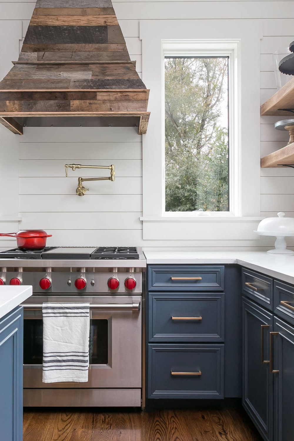 Vertical Shiplap Kitchen Backsplash Farmhouse Style Blue Cabinets Wood Hood Material Tile Ceiling Shelves
