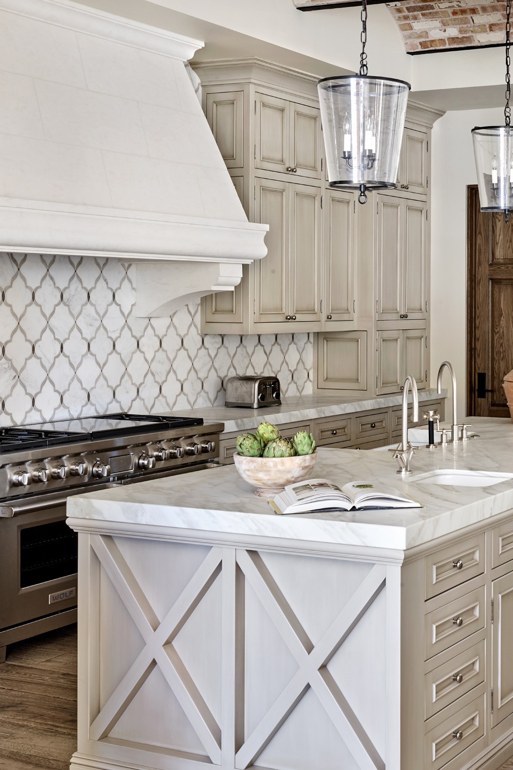 White Arabesque Pattern Gray Cabinets Style Wood Floor Appliances Look