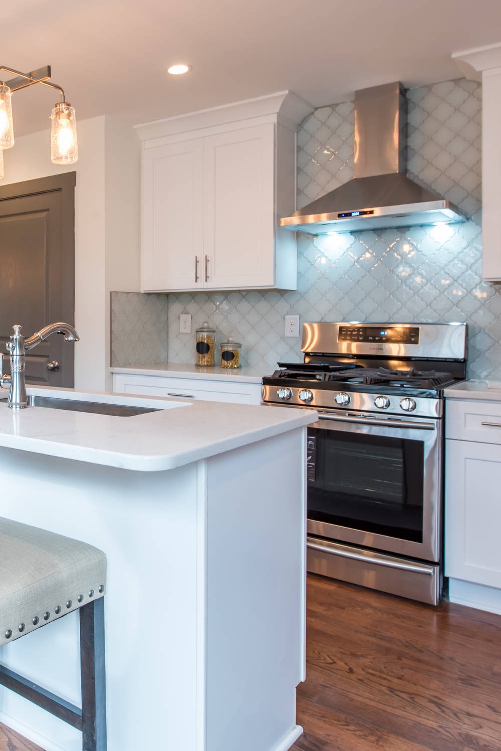 White Arabesque Pattern Gray Kitchen Backsplash Tiles Appliances Beveled Shaped Glass Patterns Idea Cool