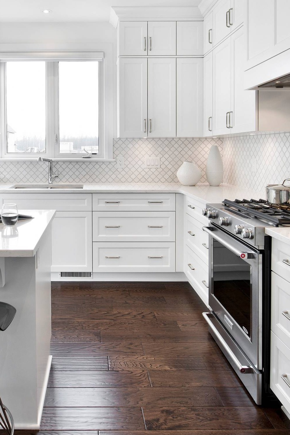 White Arabesque Tile Backsplash Shaker Cabinets Modern Kitchen Look Create Floor
