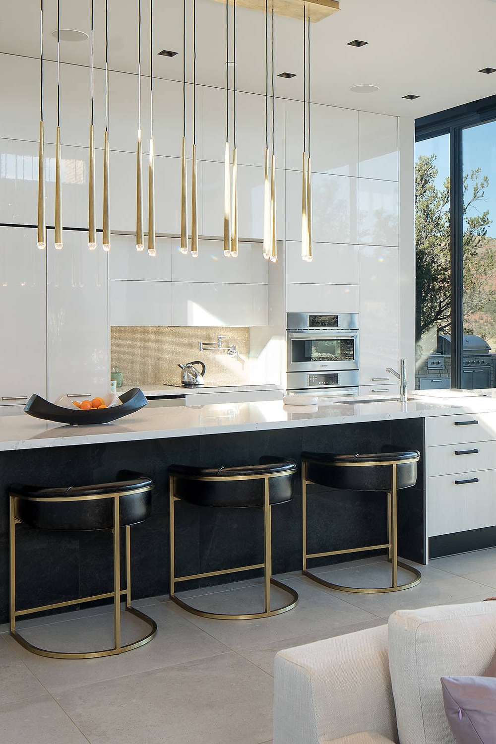 White Black And Gold Design Appliances Kitchen Beige Floor Tiles Metallic Backsplash