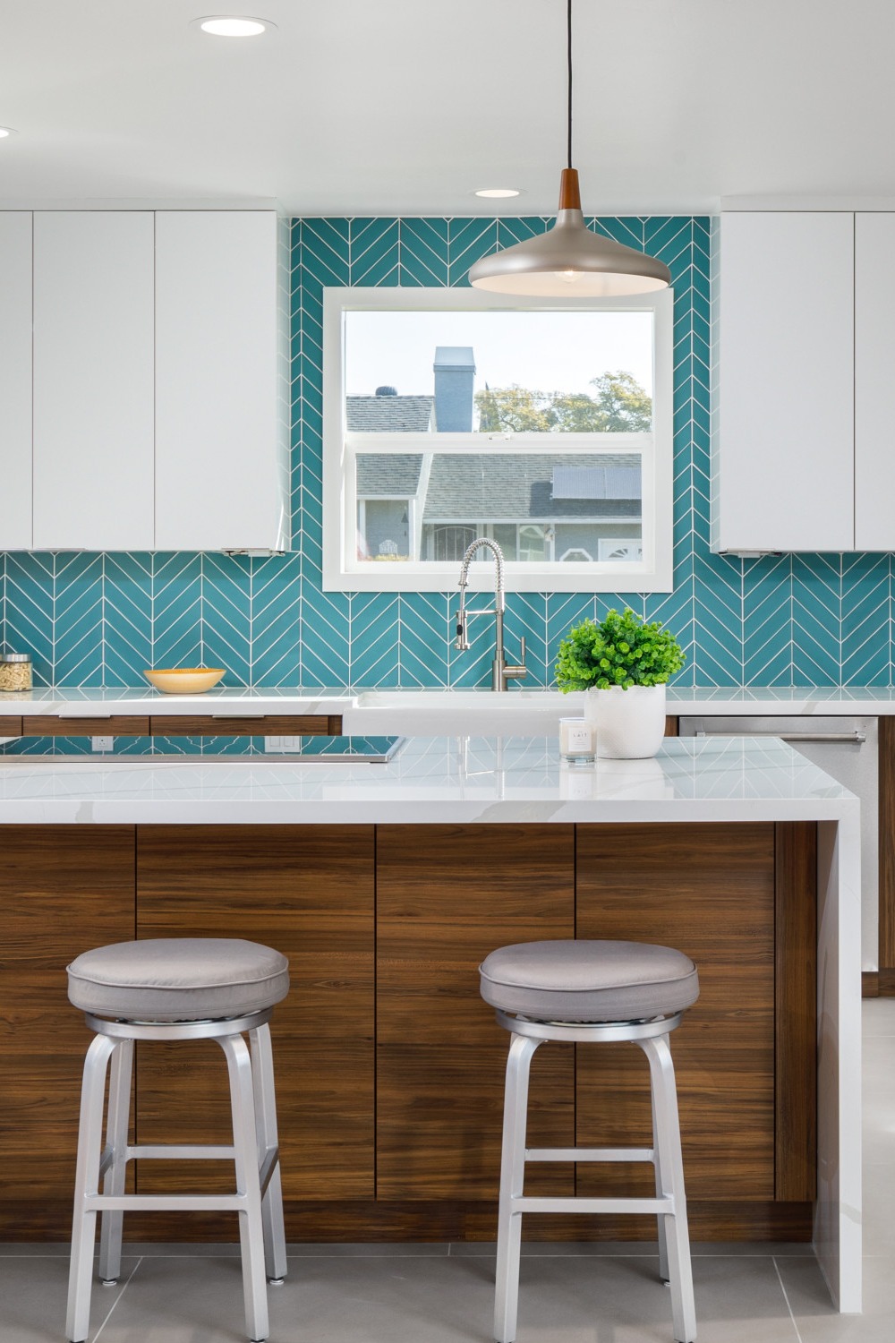 Blue Chevron Pattern Tile Backsplash White Cabinets Coastal Look Sign Brown Cabinets Bar Classic Grout Installation
