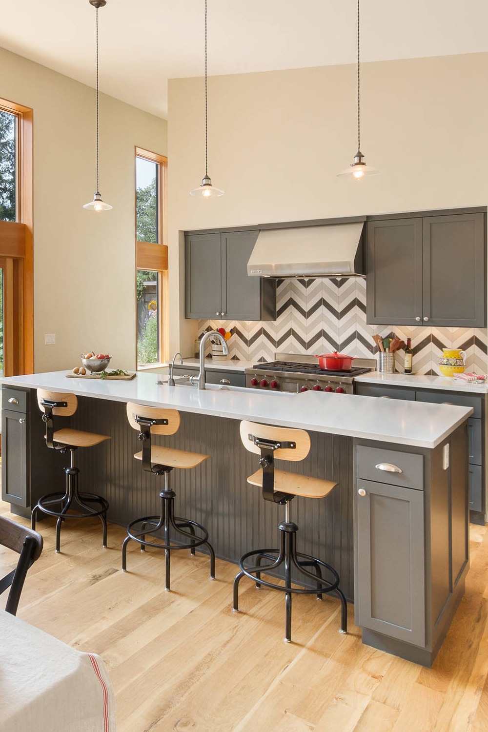Contemporary Chevron Style Backsplash Tile Gray Kitchen Cabinets Island Wood Floor Cream Walls Design Look Add Color