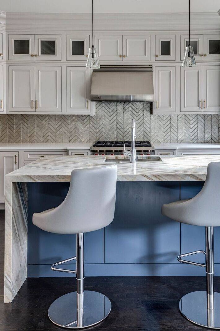 Custom Kitchen Chevron Backsplash Blue Cabinets Gray Cabinets Tile Backsplash Marble Countertops Modern Tiles