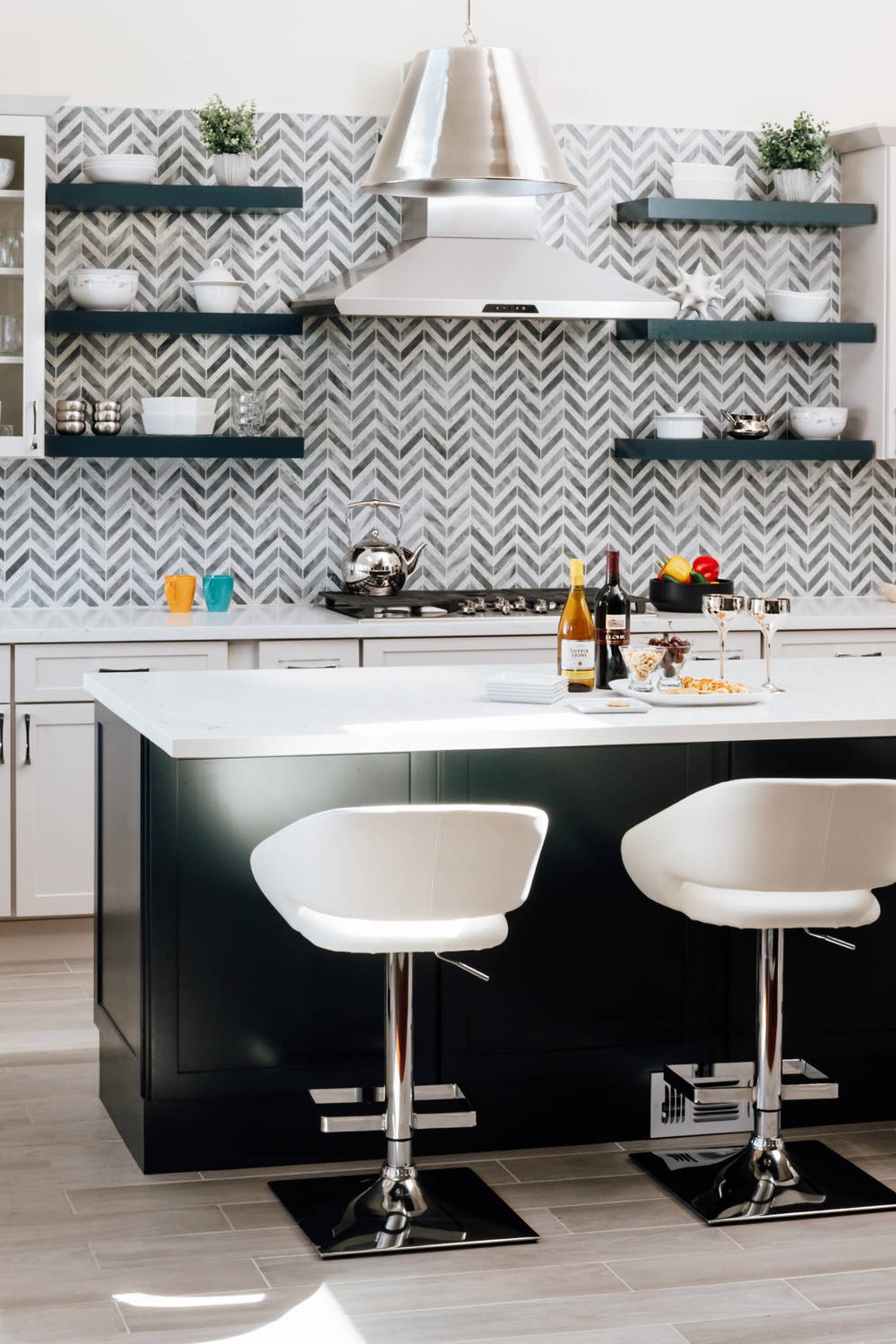 Gray White Chevron Backsplash Kitchen Cabinets Beautiful Shelves Perfect Example