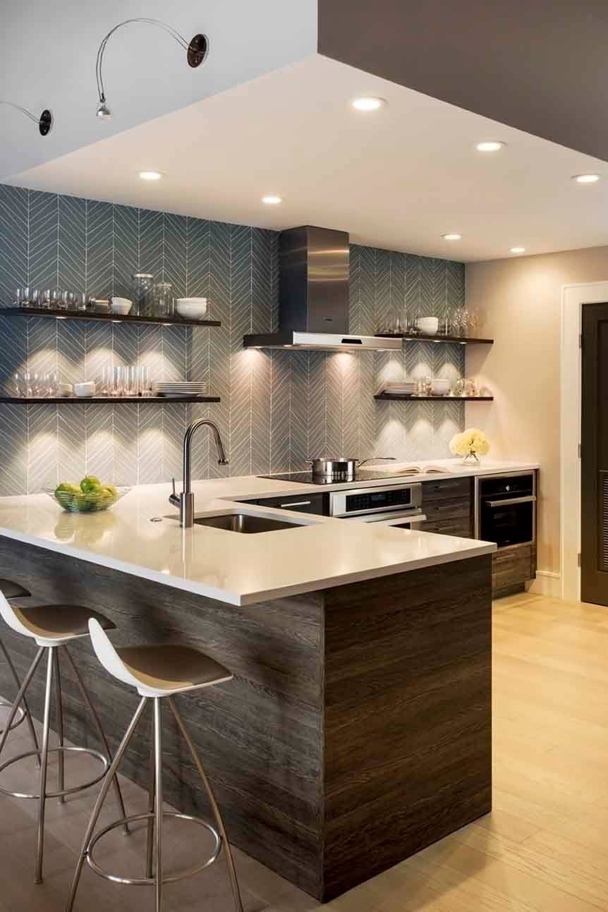 White And Gray Tile Backsplash Wooden Cabinets Space Style Floor