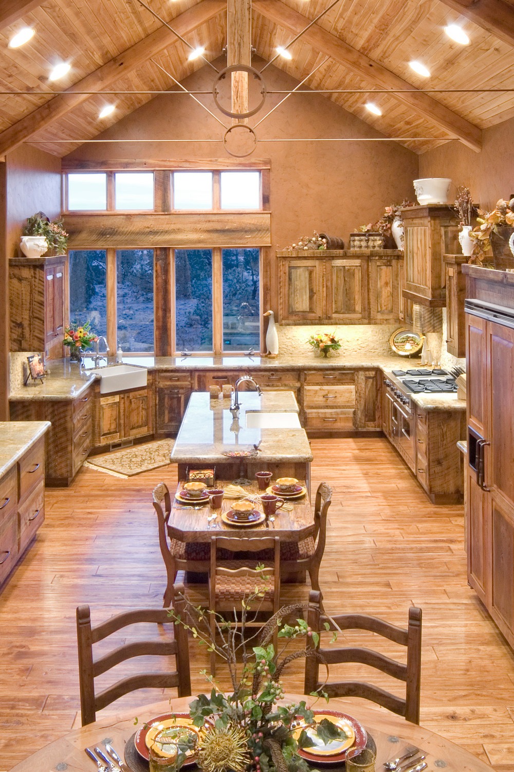 Contemporary Rustic Kitchen Weathered Wood Beams Wood Cabinets Wood Flooring Accent Wall Marble Countertops