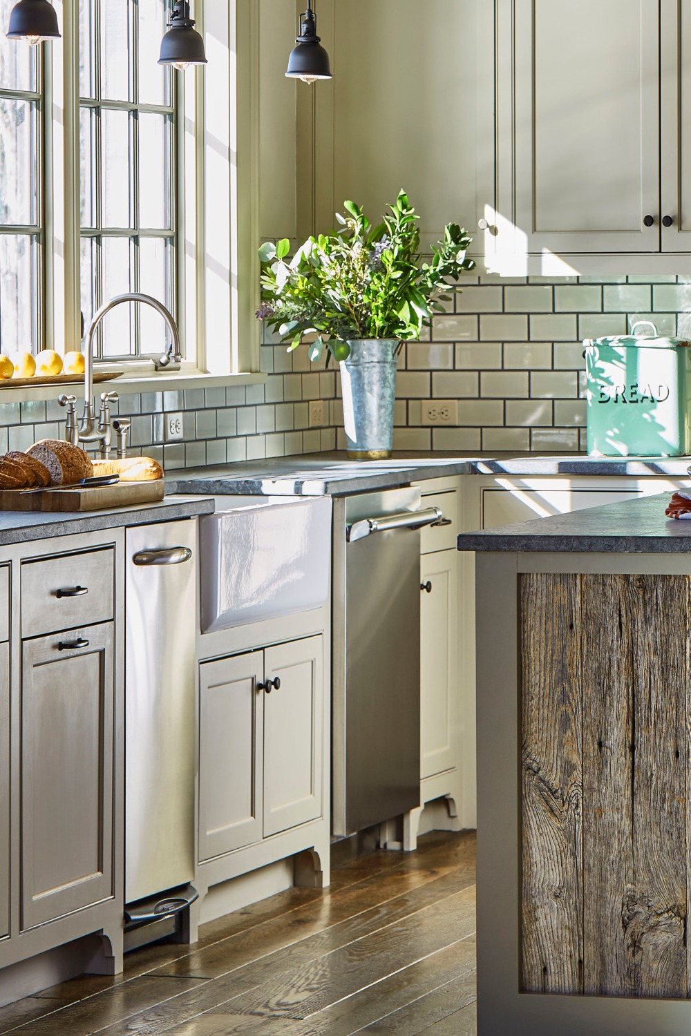 Granite Countertops Beige Backsplash Dining Table Brown Floor Rustic Kitchens Natural Elements Detailed Quote Vintage