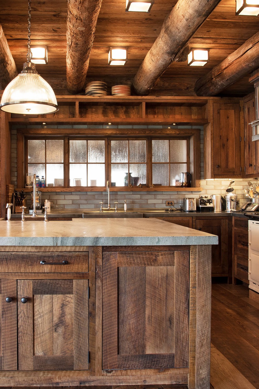 Log Cabin Modern Rustic Kitchen Gray Countertops Kitchen Island