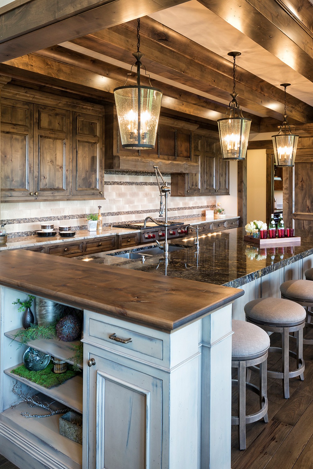 Rustic Country Kitchen Wood Countertops Custom Cabinetry Wooden Beams Focal Point Knotty Pine