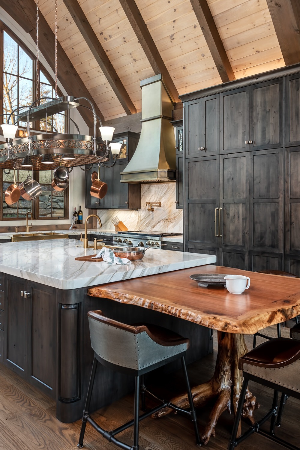 Rustic Kitchen Wood Ceiling Dark Cabinets Island Stone Slab Backsplash