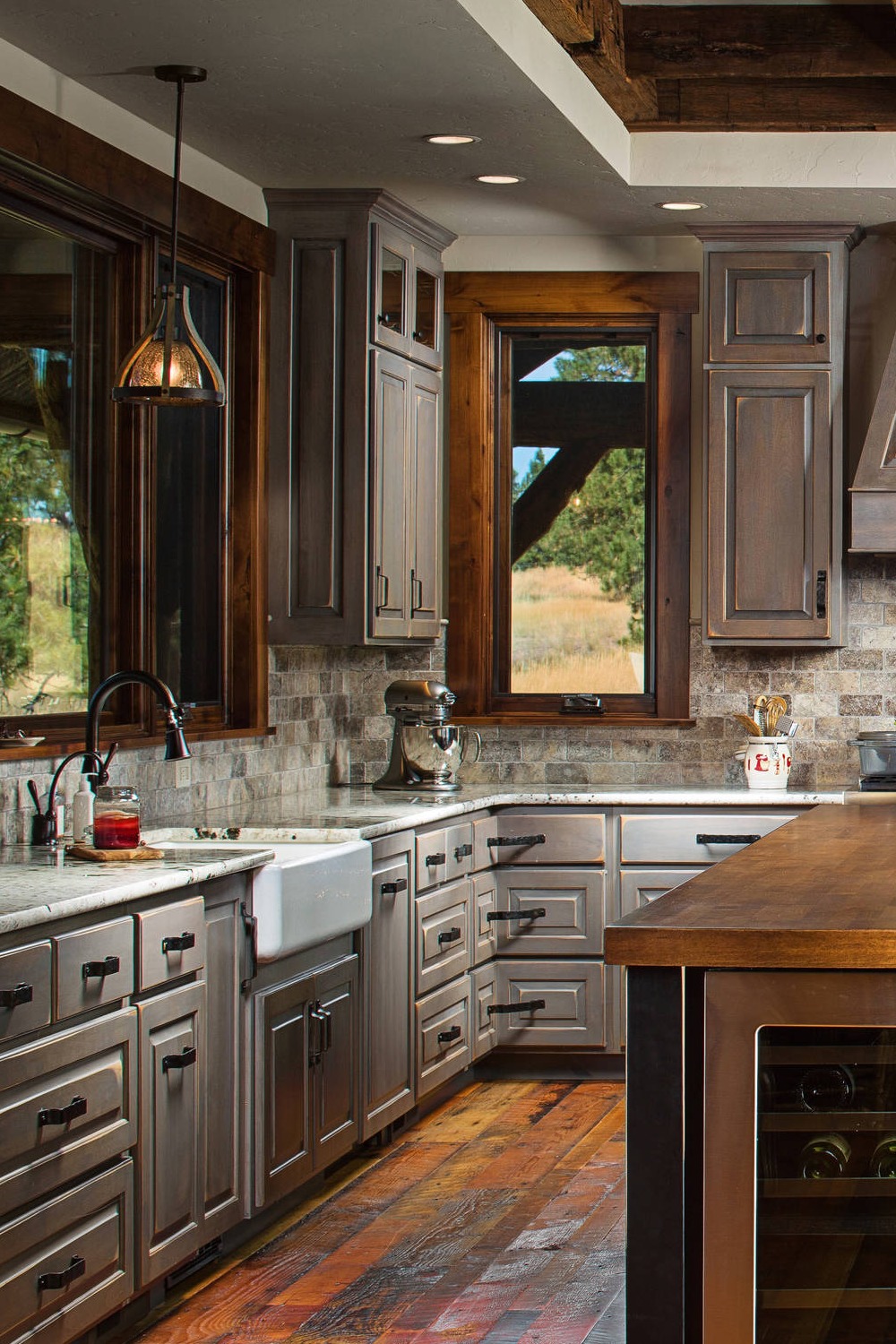 Rustic Kitchens Wood Cabinets Kitchen Ideas Concrete Floor Brown Backsplash
