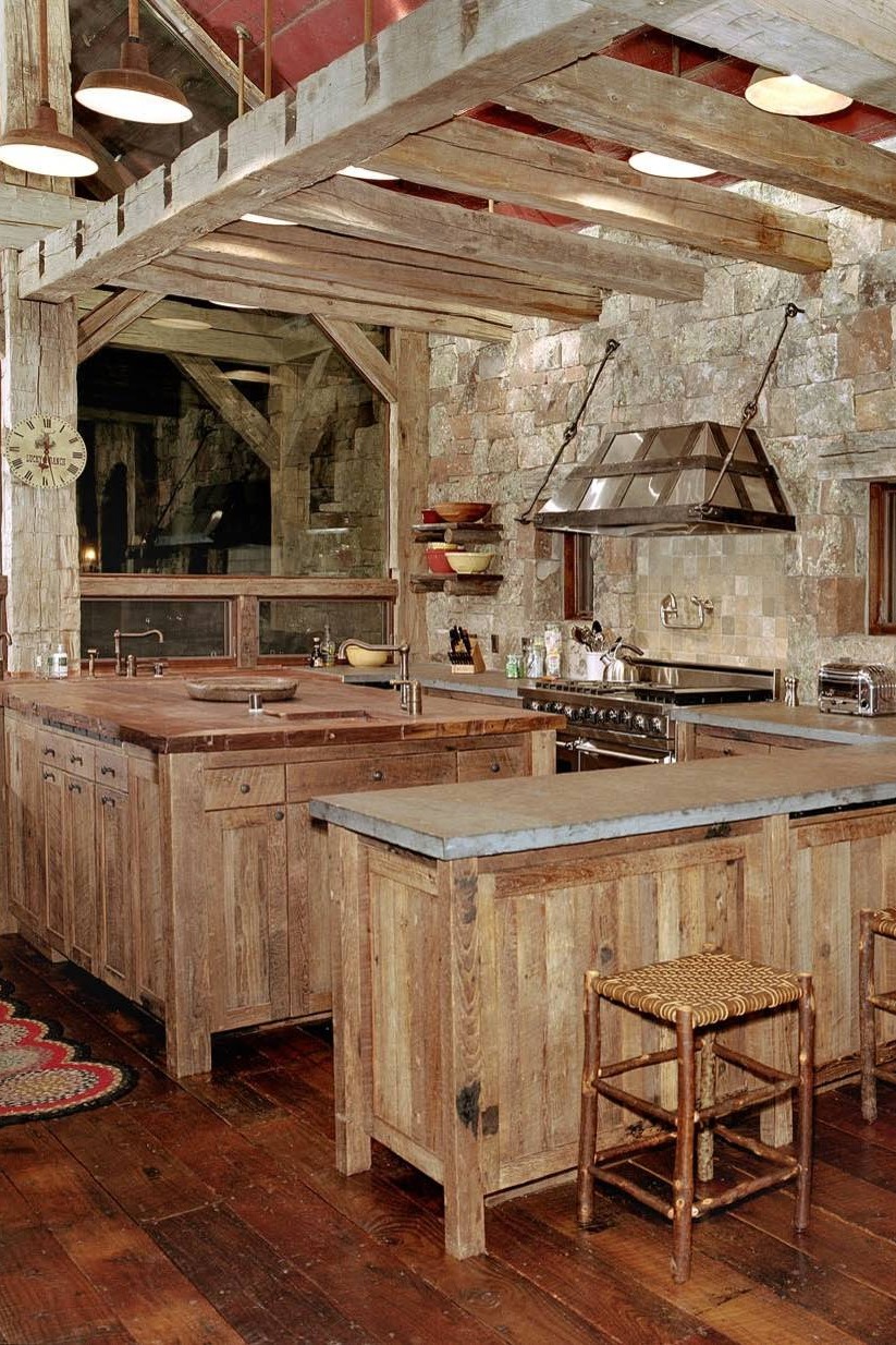 Wood Floor Stone Countertops Stainless Steel Appliances Undermount Sink Shelves Warm Backsplash