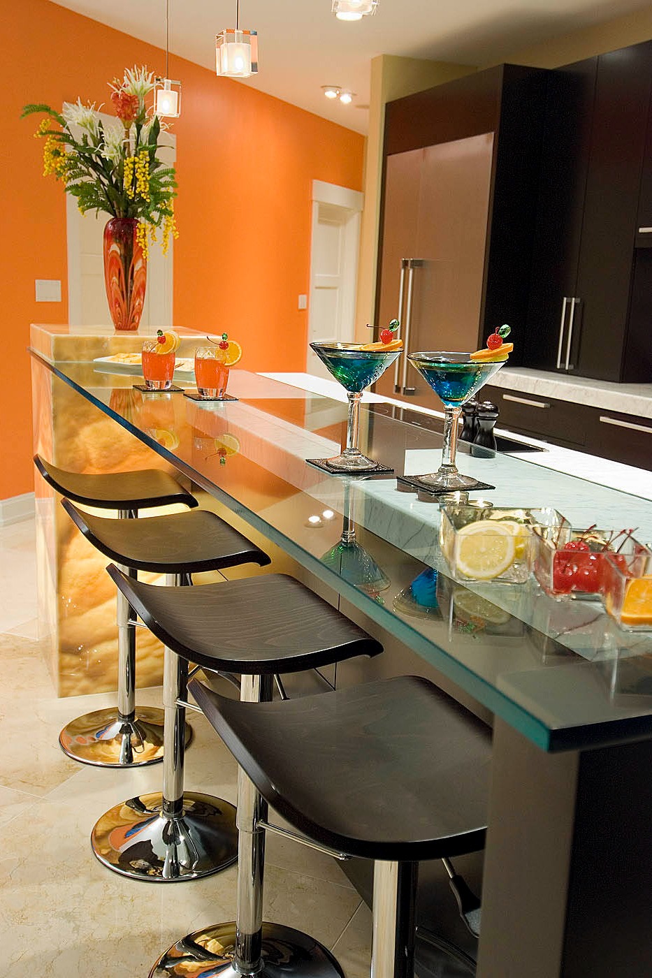 Modern Kitchen Glass Countertop Glass Countertops Raised Panel Cabinets Classic Bullnose Edge Metallic Backsplash Wavy Edge