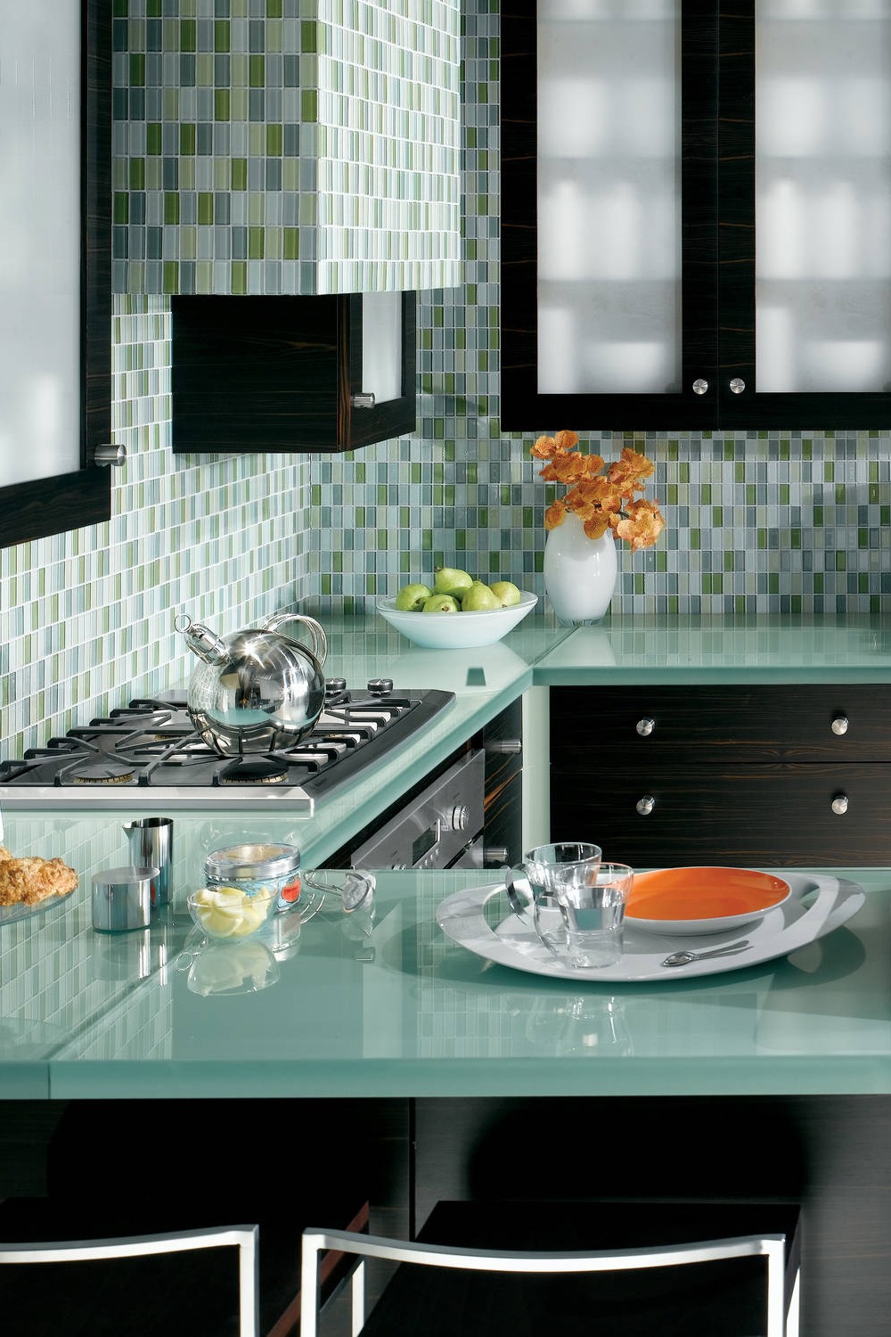 Recycled Glass Countertop Medium Tone Wood Cabinets Recycled Materials Custom Patterns Eco Friendly