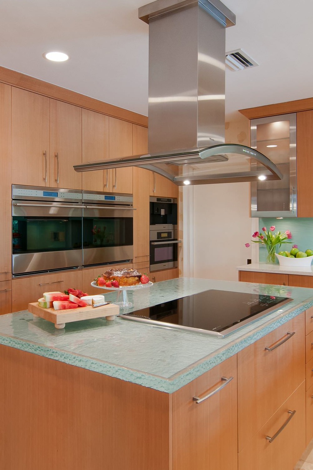 Recycled Glass Countertops Stainless Steel Appliances Flat Panel Cabinets Kitchen Island Textured Glass Materials Green Room