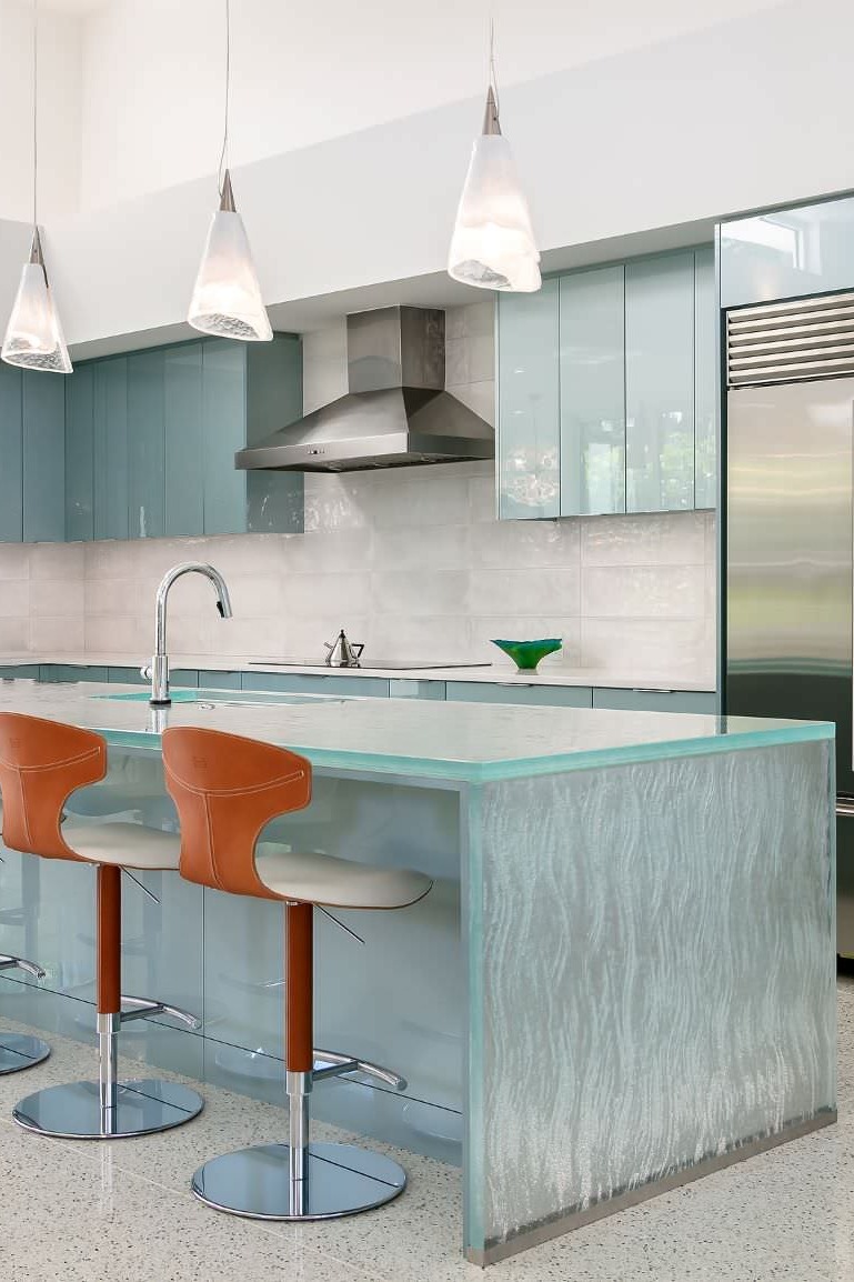 Waterfall Island Glass Countertop Bar Stools Flat Front Cabinets Recycled Glass Countertop