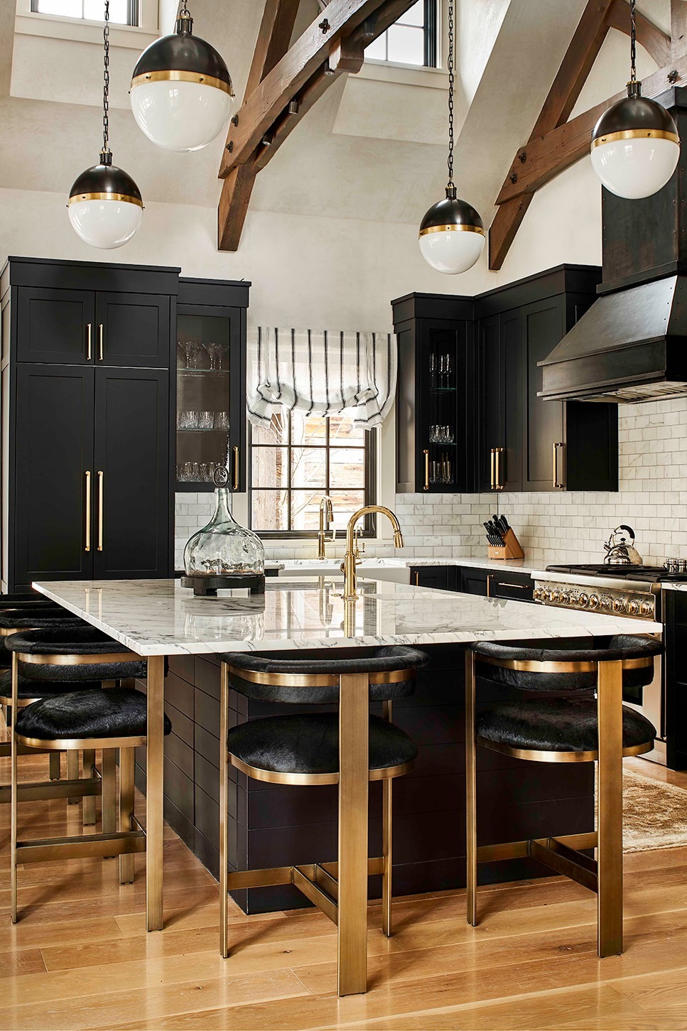 Black Kitchen Cabinets Exposed Brick Wall Marble Countertop Island Style Bold Walls