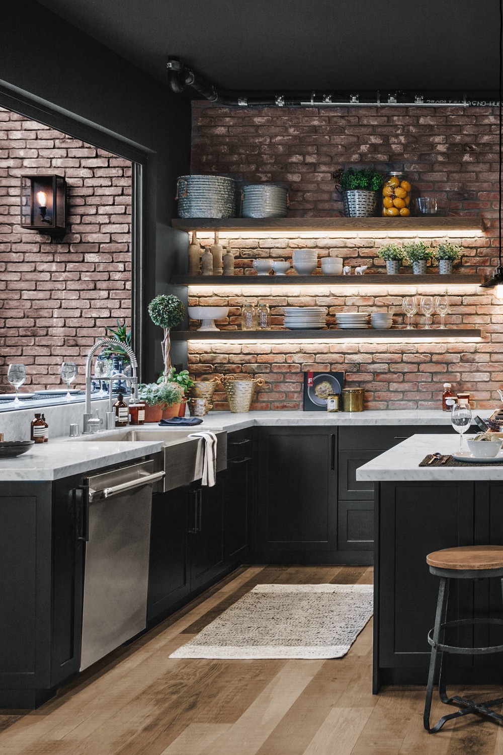 Black Kitchen Cabinets Stainless Steel Appliances Cooking Space Create Stand Shelves Brick Backsplash Wall