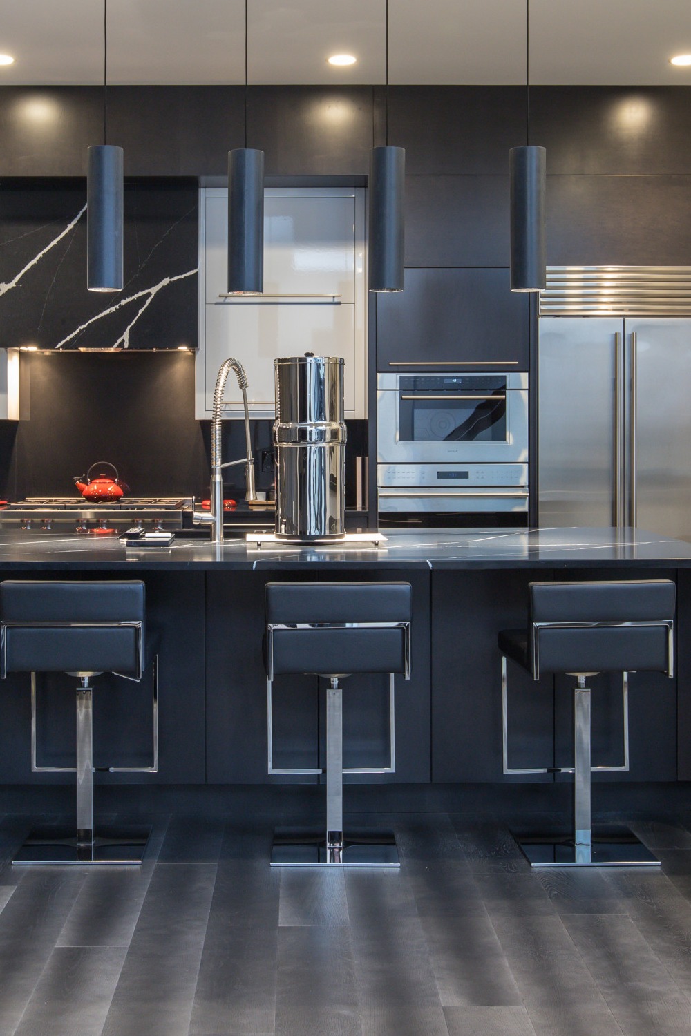 Contemporary Kitchen With Black Cabinets Lighting Black Backsplash Island Countertop Walls Create Stand