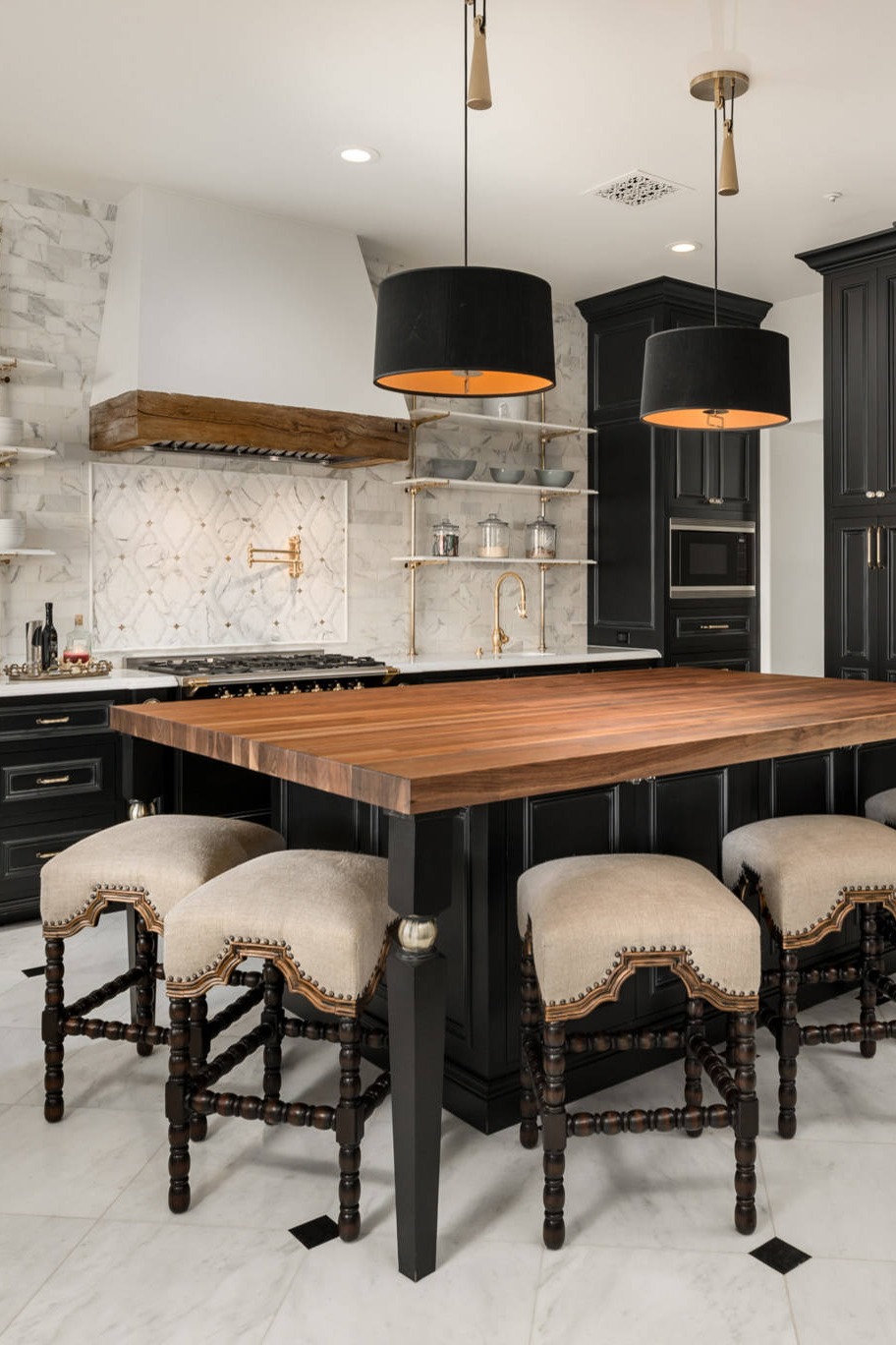 Dark Black Cabinets Cooking Space Kitchen Island Black Kitchen Style Marble Countertop Small Kitchen Wall