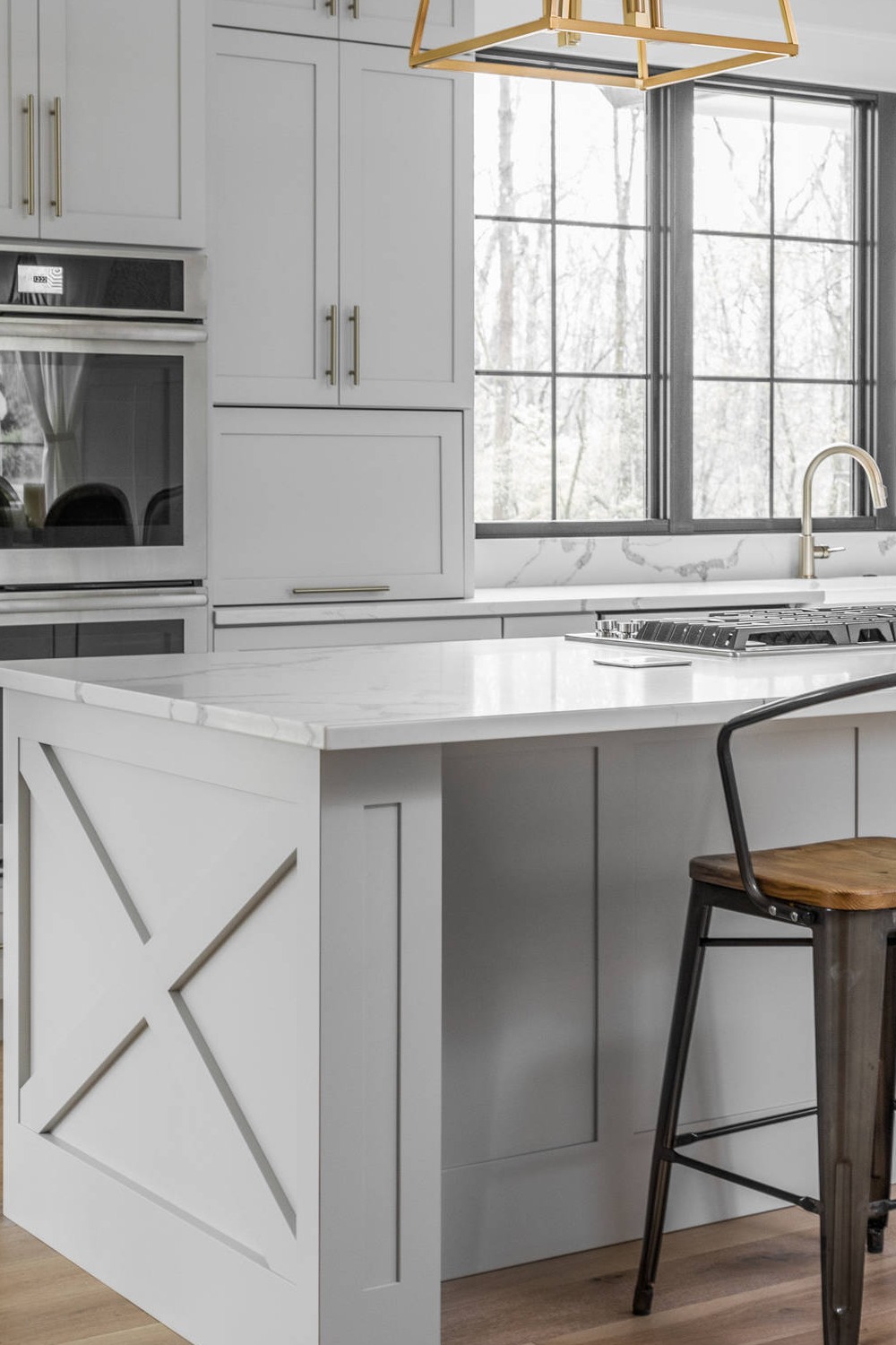 Light Gray Kitchen Island Cabinet X Design Trim Caulk Quartz Countertops