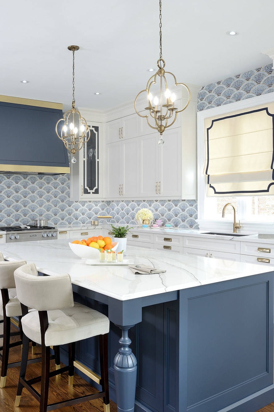 Blue Backsplash White Cabinets Blue Island Kitchen Features Tile Stone Quartz Countertop